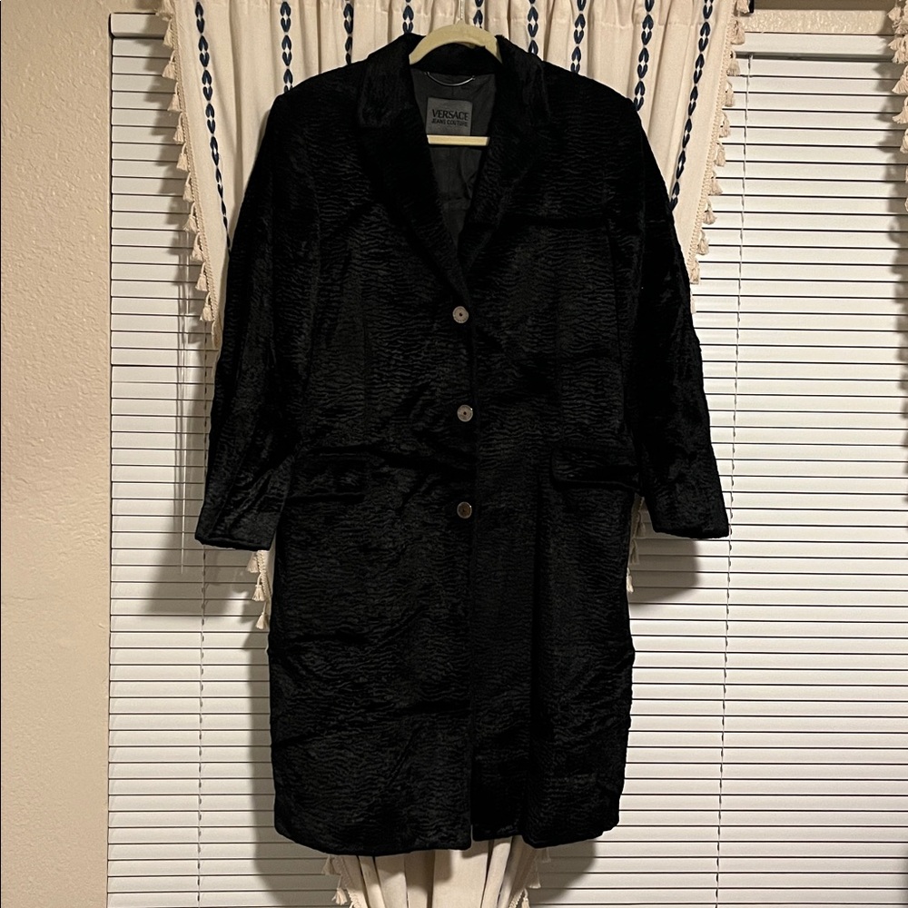 Versace Midnight Black Faux Fur Textured Coat